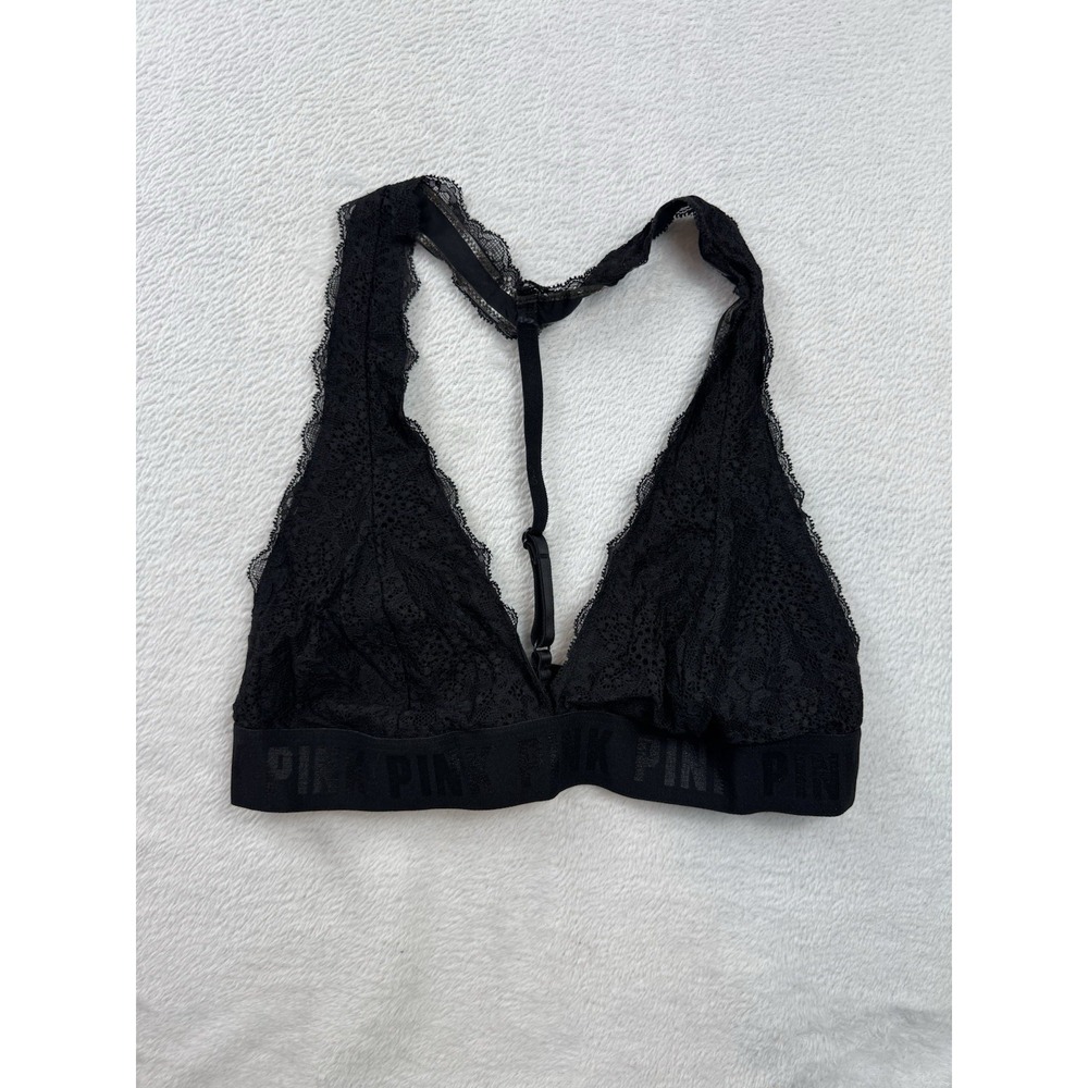 Victorias Secret PINK Bralette Womens Large Black Lace Strappy Cage Halter Vneck